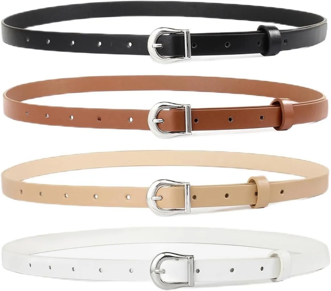 HOTWILL 4 Pack Women Skinny Belts for Jeans Dress Thin Waist Belt for Ladies with Gold Buckle 0.55" Width
