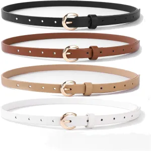 HOTWILL 4 Pack Women Skinny Belts for Jeans Dress Thin Waist Belt for Ladies with Gold Buckle 0.55" Width
