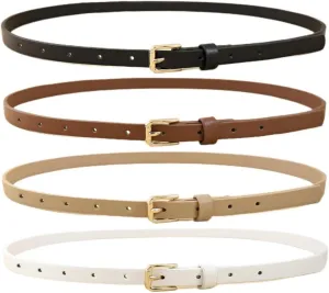 HOTWILL 4 Pack Women Skinny Belts for Jeans Dress Thin Waist Belt for Ladies with Gold Buckle 0.55" Width
