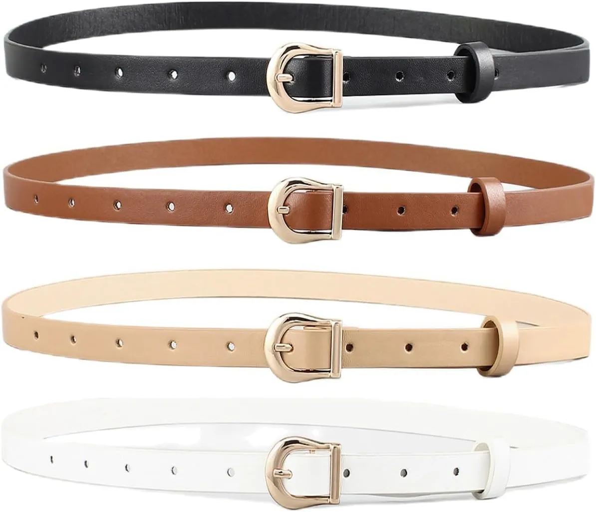 HOTWILL 4 Pack Women Skinny Belts for Jeans Dress Thin Waist Belt for Ladies with Gold Buckle 0.55" Width