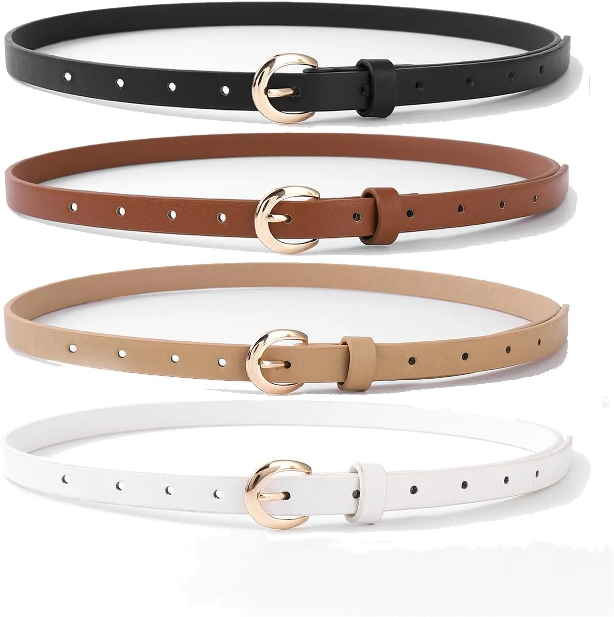 HOTWILL 4 Pack Women Skinny Belts for Jeans Dress Thin Waist Belt for Ladies with Gold Buckle 0.55" Width