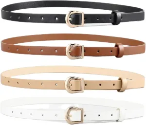HOTWILL 4 Pack Women Skinny Belts for Jeans Dress Thin Waist Belt for Ladies with Gold Buckle 0.55" Width