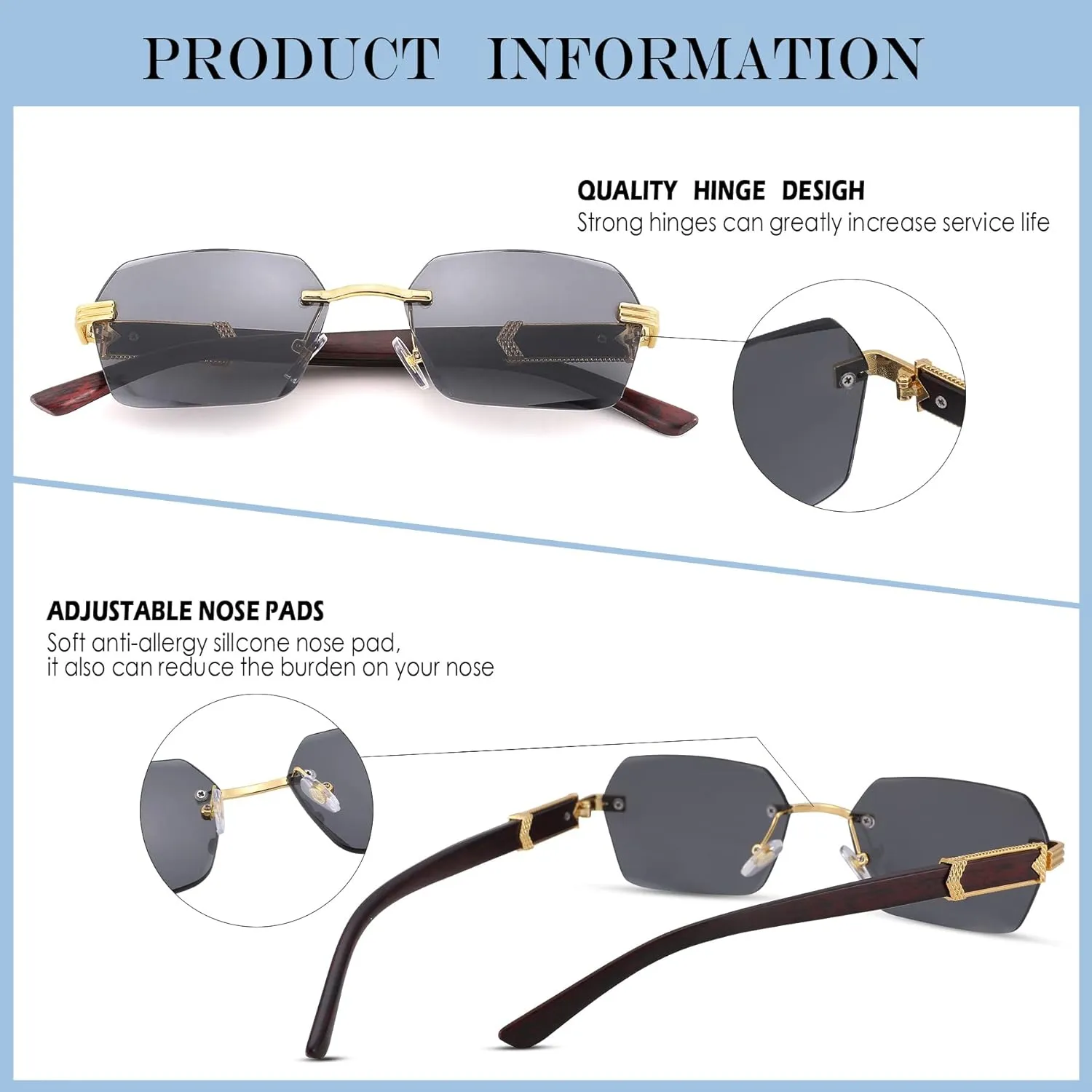 Hycredi Rimless Rectangle Sunglasses Men Women Retro Frameless Square Shade Y2k Sun Glasses Tinted Eyewear