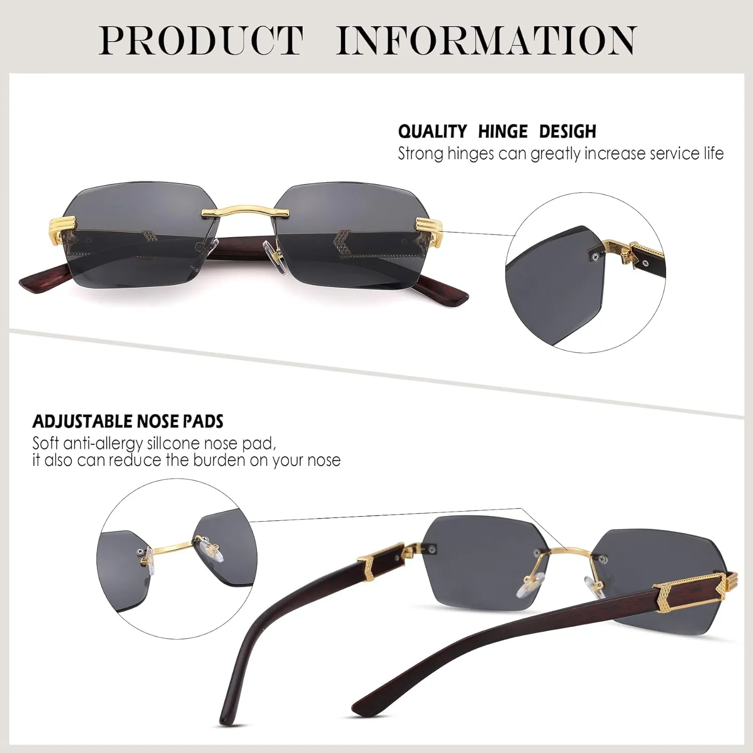 Hycredi Rimless Rectangle Sunglasses Men Women Retro Frameless Square Shade Y2k Sun Glasses Tinted Eyewear