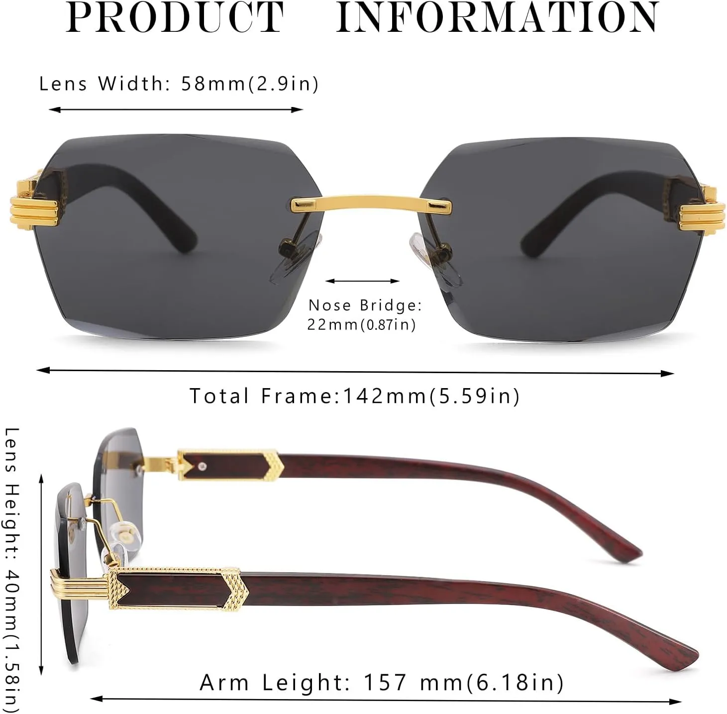 Hycredi Rimless Rectangle Sunglasses Men Women Retro Frameless Square Shade Y2k Sun Glasses Tinted Eyewear