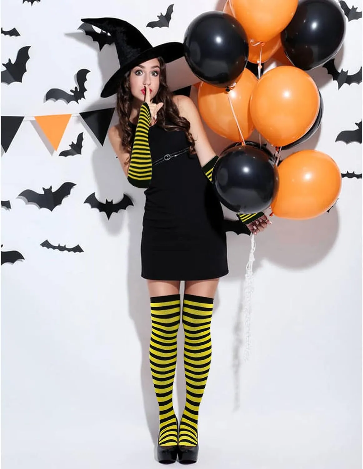 Ibeauti 8 Pcs Womens Striped Knee High Socks Stockings Y2K Goth Knitted Long Arm Warmer Fingerless Gloves Set