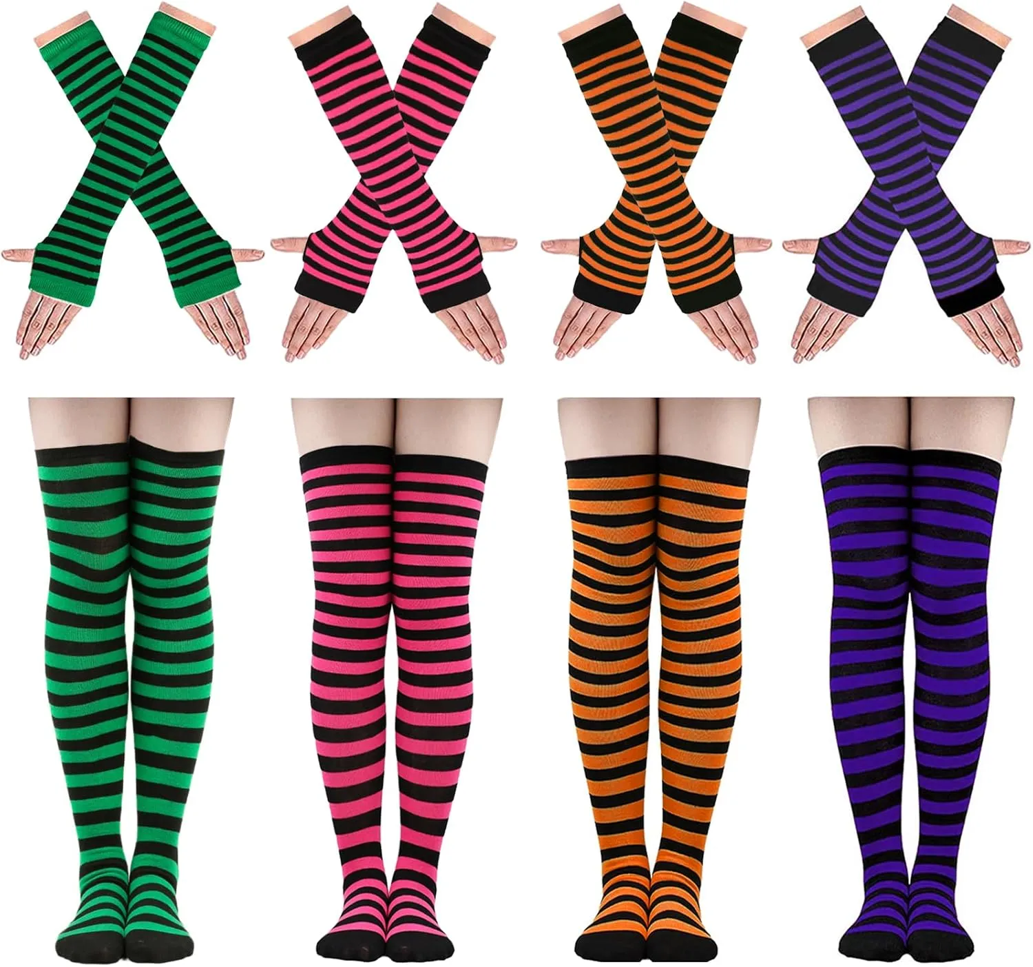 Ibeauti 8 Pcs Womens Striped Knee High Socks Stockings Y2K Goth Knitted Long Arm Warmer Fingerless Gloves Set