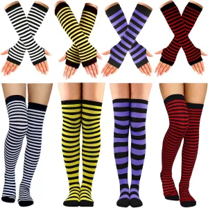 Ibeauti 8 Pcs Womens Striped Knee High Socks Stockings Y2K Goth Knitted Long Arm Warmer Fingerless Gloves Set