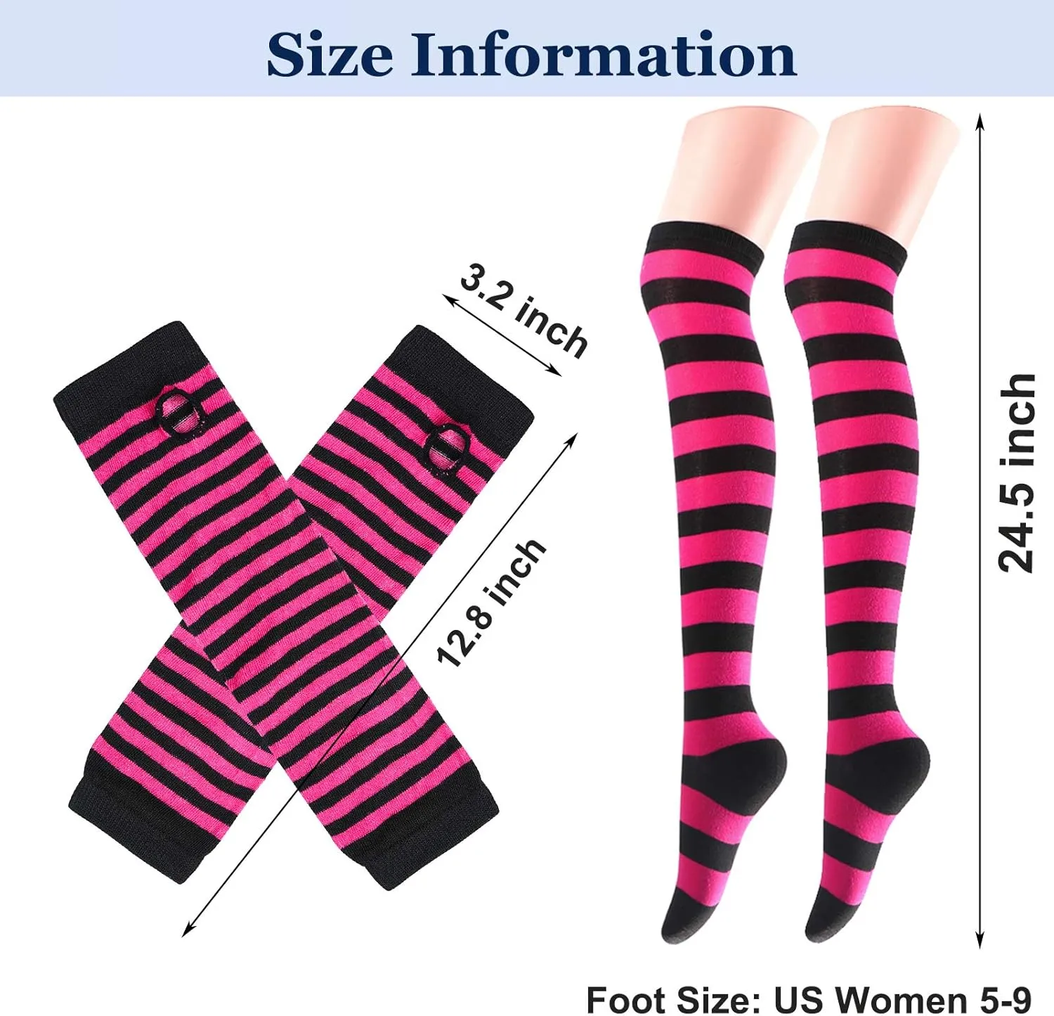 Ibeauti 8 Pcs Womens Striped Knee High Socks Stockings Y2K Goth Knitted Long Arm Warmer Fingerless Gloves Set