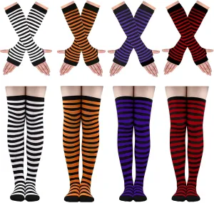 Ibeauti 8 Pcs Womens Striped Knee High Socks Stockings Y2K Goth Knitted Long Arm Warmer Fingerless Gloves Set