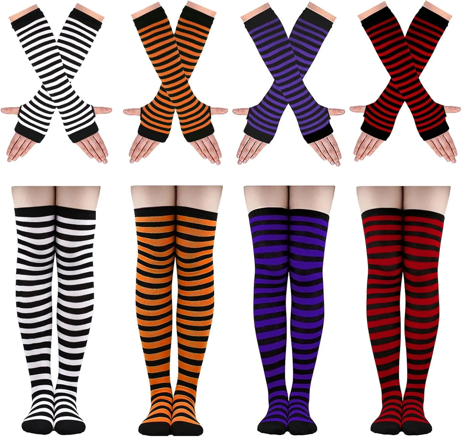 Ibeauti 8 Pcs Womens Striped Knee High Socks Stockings Y2K Goth Knitted Long Arm Warmer Fingerless Gloves Set
