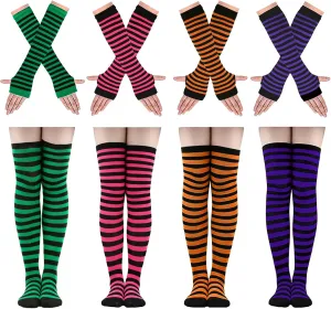 Ibeauti 8 Pcs Womens Striped Knee High Socks Stockings Y2K Goth Knitted Long Arm Warmer Fingerless Gloves Set
