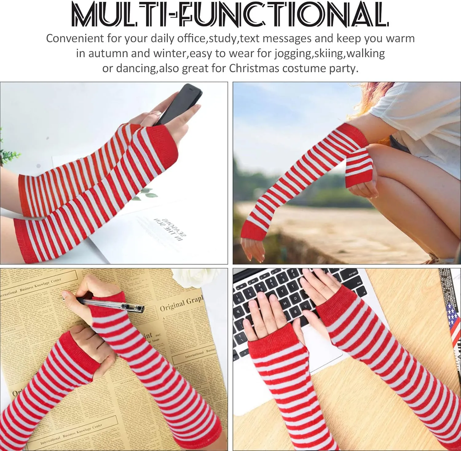 Ibeauti 8 Pcs Womens Striped Knee High Socks Stockings Y2K Goth Knitted Long Arm Warmer Fingerless Gloves Set