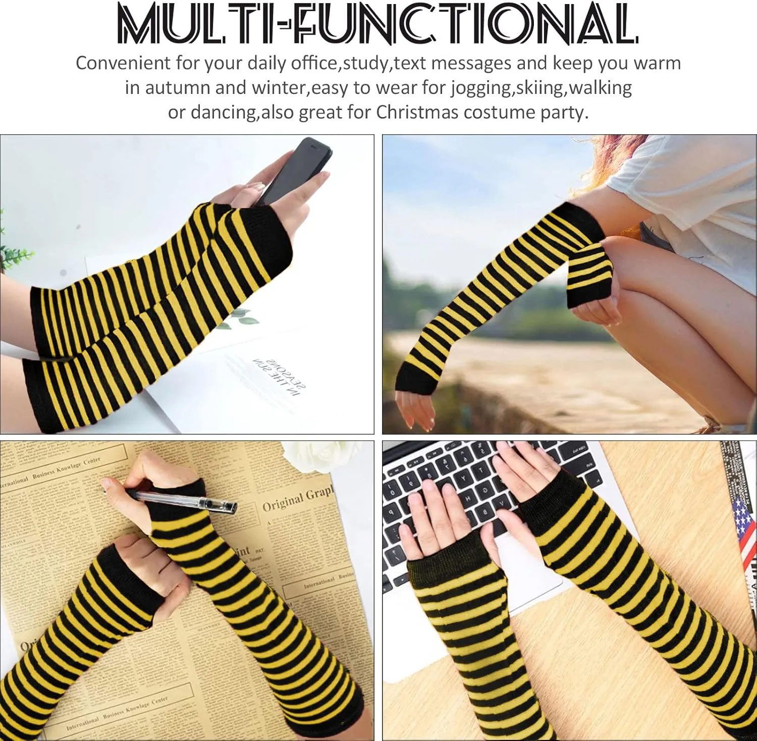 Ibeauti 8 Pcs Womens Striped Knee High Socks Stockings Y2K Goth Knitted Long Arm Warmer Fingerless Gloves Set