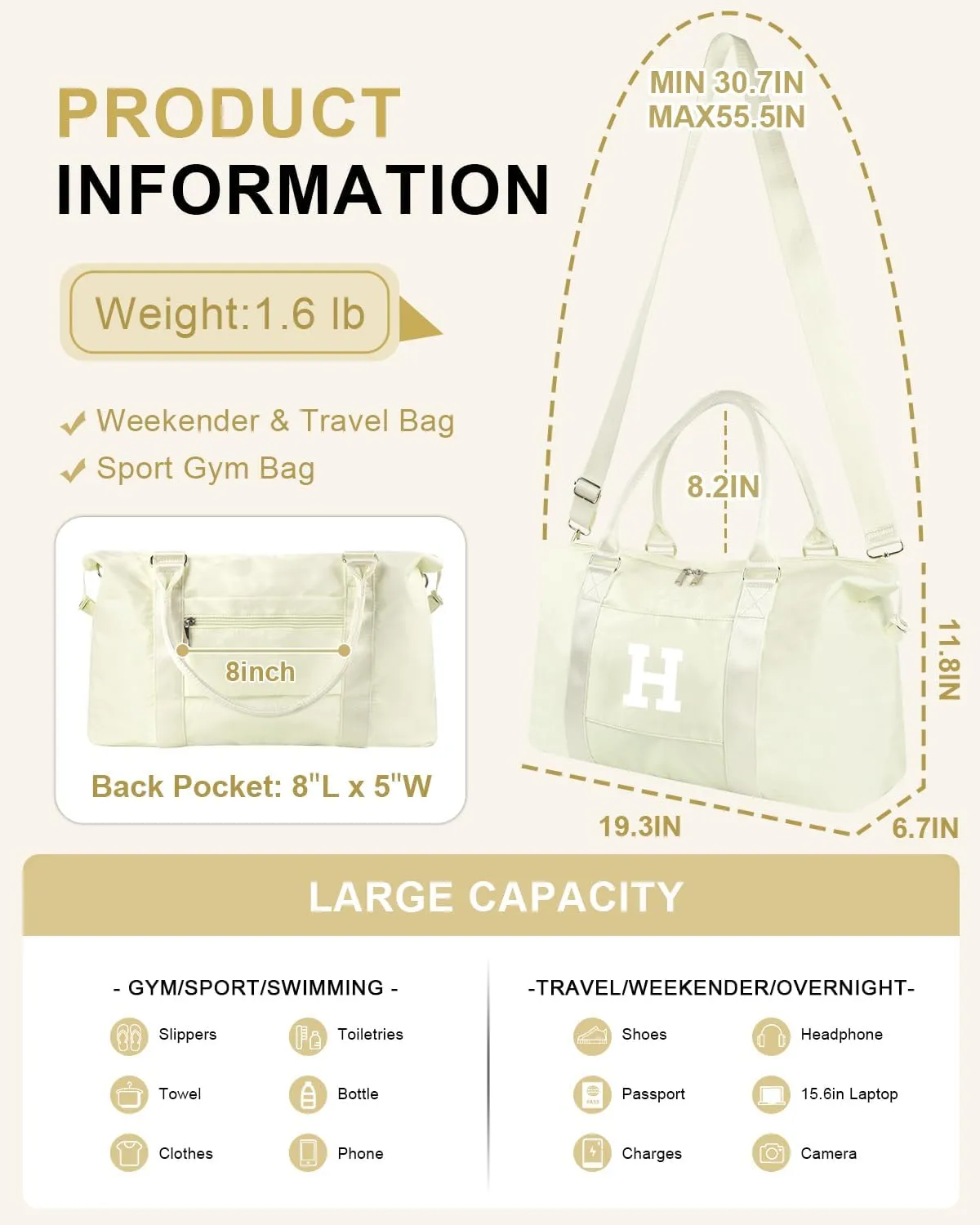 Initial Travel Duffel Bag Sports Gym Bag for Kids Teen Birthday Gifts,Beige Personalized Weekender Carry On Dance Bags for Women Men,Waterproof Monogram Overnight Bag with Trolley Sleeve(Letter H)
