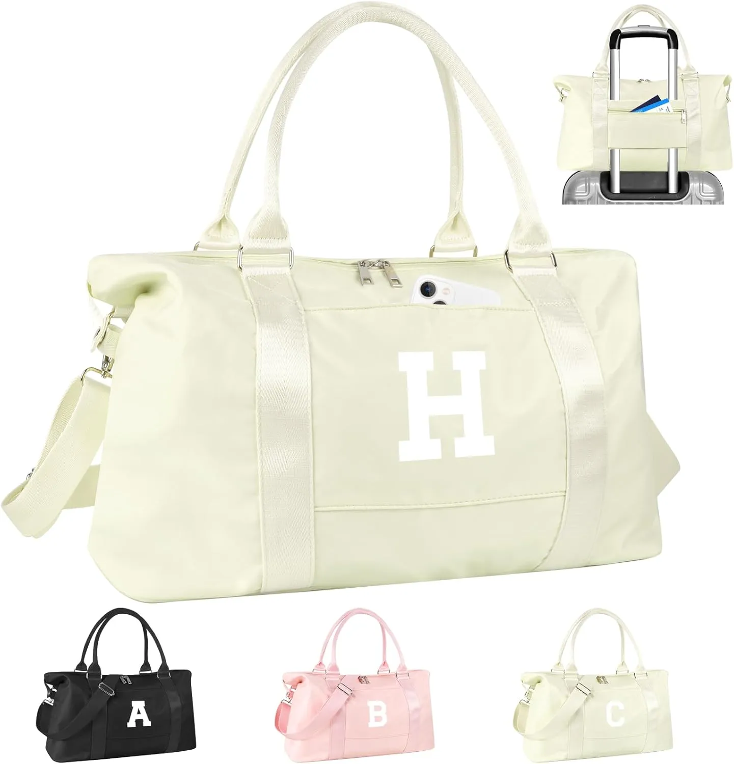 Initial Travel Duffel Bag Sports Gym Bag for Kids Teen Birthday Gifts,Beige Personalized Weekender Carry On Dance Bags for Women Men,Waterproof Monogram Overnight Bag with Trolley Sleeve(Letter H)