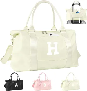 Initial Travel Duffel Bag Sports Gym Bag for Kids Teen Birthday Gifts,Beige Personalized Weekender Carry On Dance Bags for Women Men,Waterproof Monogram Overnight Bag with Trolley Sleeve(Letter H)