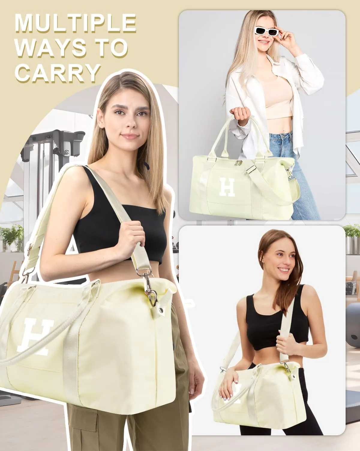 Initial Travel Duffel Bag Sports Gym Bag for Kids Teen Birthday Gifts,Beige Personalized Weekender Carry On Dance Bags for Women Men,Waterproof Monogram Overnight Bag with Trolley Sleeve(Letter H)