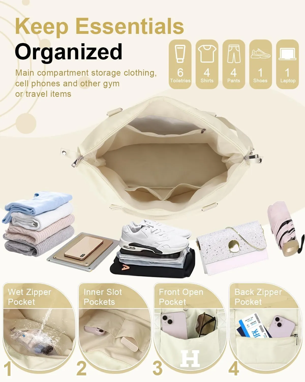 Initial Travel Duffel Bag Sports Gym Bag for Kids Teen Birthday Gifts,Beige Personalized Weekender Carry On Dance Bags for Women Men,Waterproof Monogram Overnight Bag with Trolley Sleeve(Letter H)