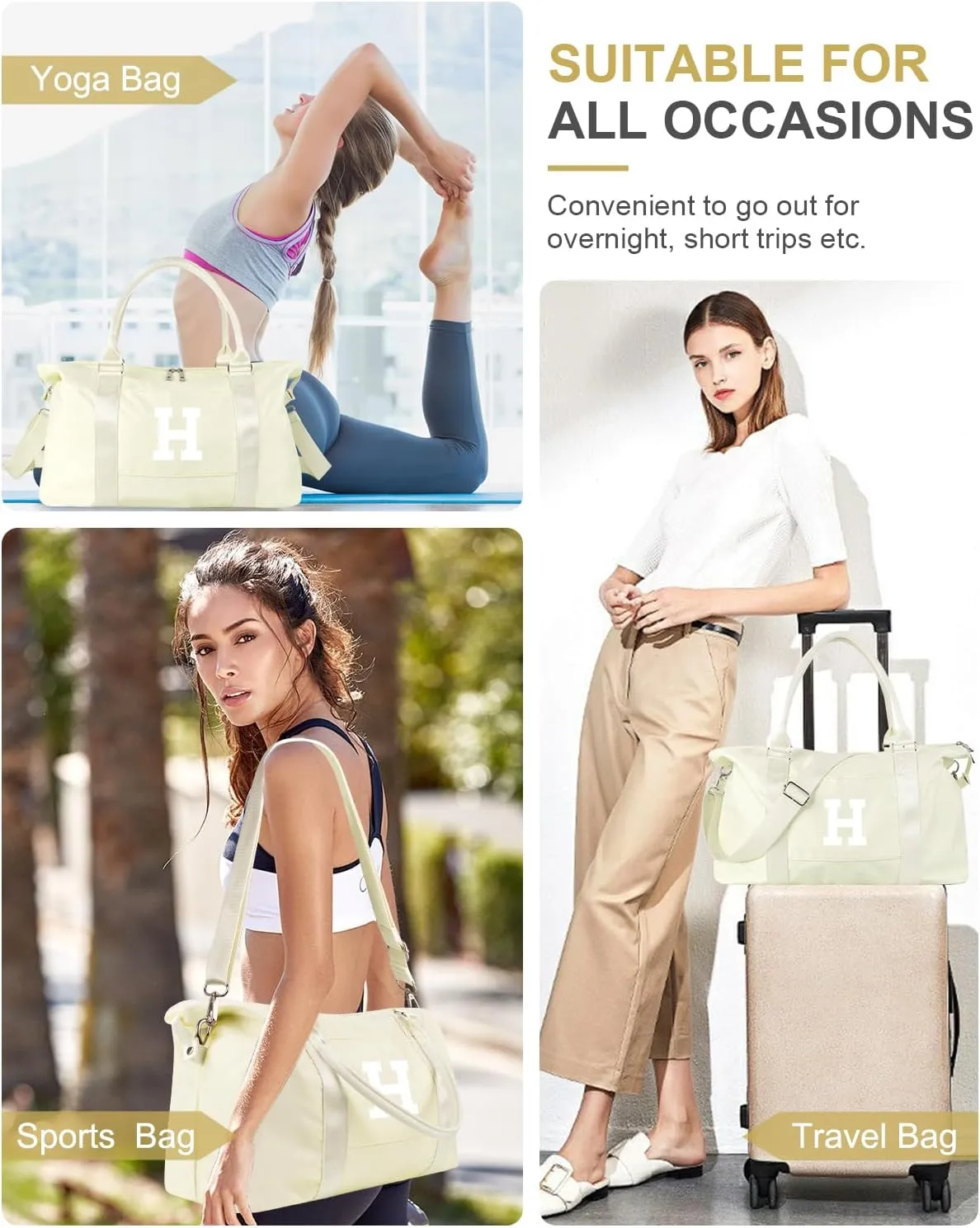 Initial Travel Duffel Bag Sports Gym Bag for Kids Teen Birthday Gifts,Beige Personalized Weekender Carry On Dance Bags for Women Men,Waterproof Monogram Overnight Bag with Trolley Sleeve(Letter H)