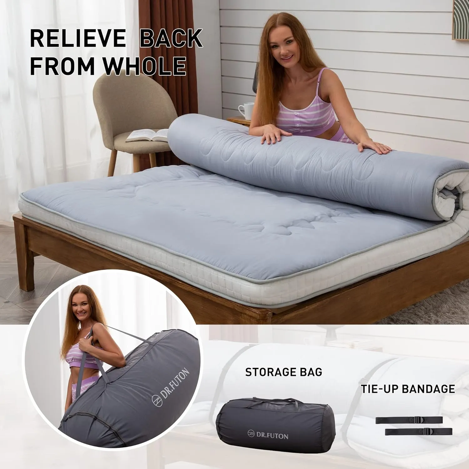 Japanese Floor Futon Mattress Extra Thick Folding Roll Up Bed Topper Mat for Guest,Lounger and Tavel