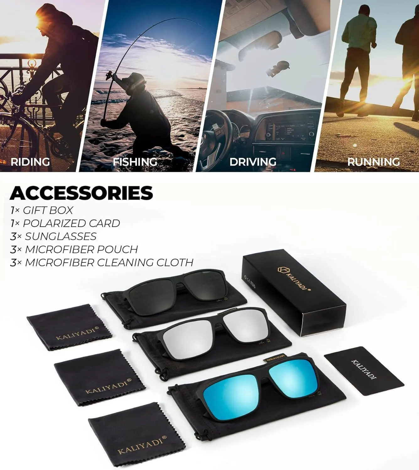 KALIYADI Polarized Sunglasses for Men and Women, Mens Sun Glasses with UV Protection for Driving Fishing Golf (3 Packs)