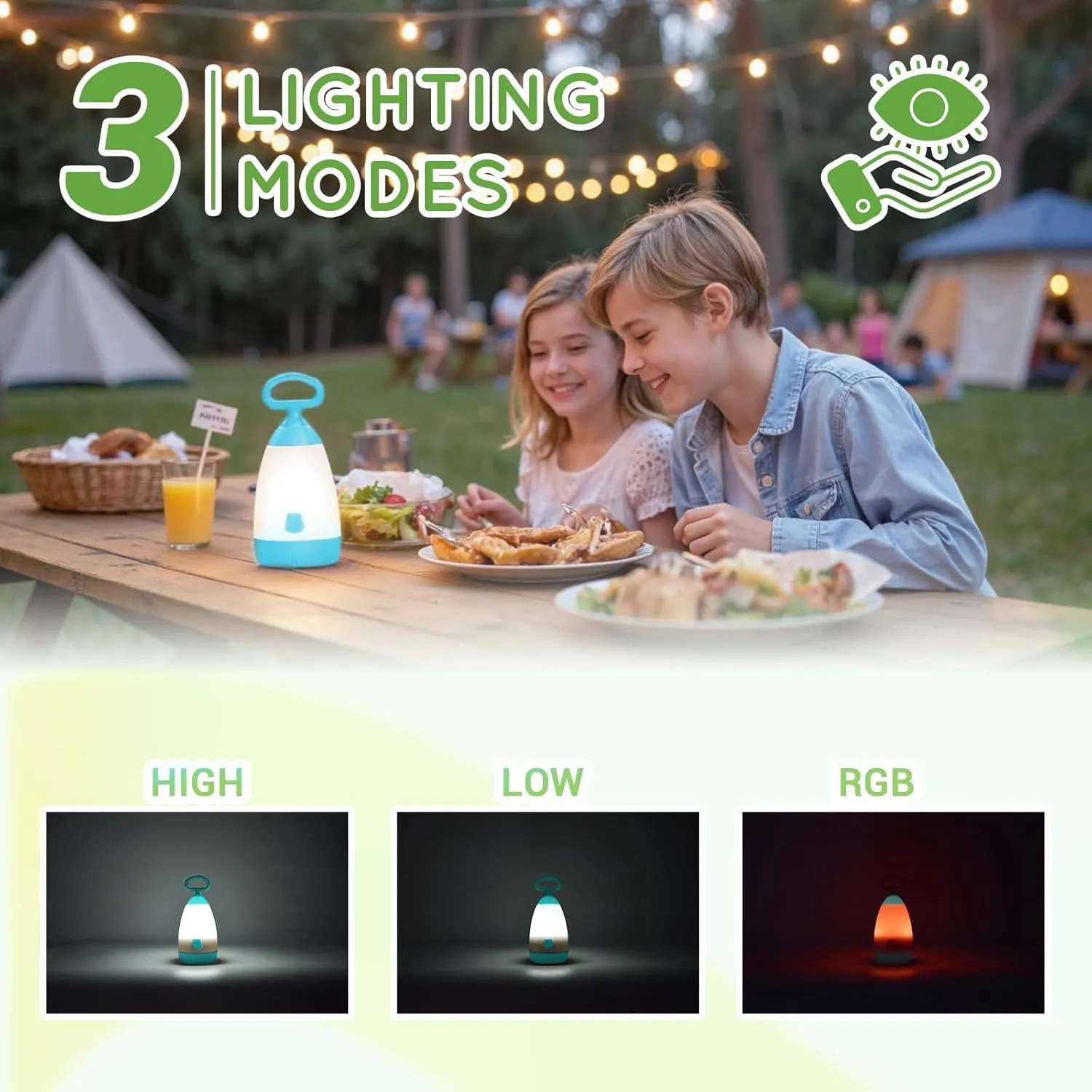 Kids Camping Lantern & Night Light Battery Powered (AAA Included), 360 Eye-Safe Light, IPX4 Waterproof with RGB Modes Portable for Outdoor, Emergency & Bedtime, Gift for Children (Blue)