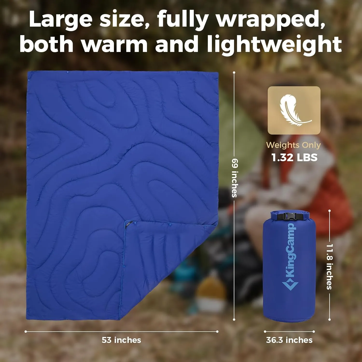 KingCamp Ultralight Camping Blanket, Packable Down Alternative Puffy Wearable Blankets Weatherproof Warm Package Quilt with Snap Buttons & Corner Loops for Outdoor Travel Stadium (69"L x 53"W, NAVY)