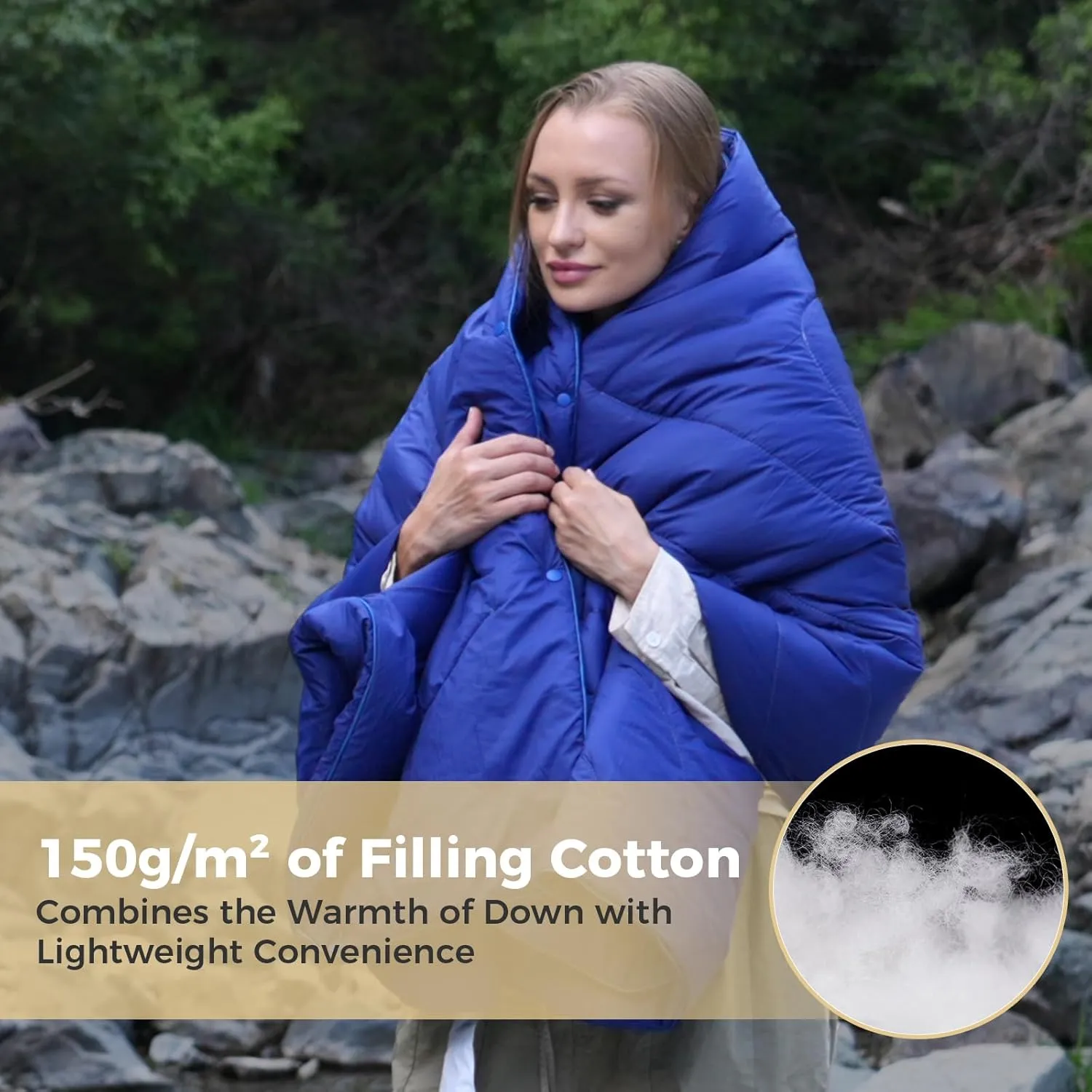 KingCamp Ultralight Camping Blanket, Packable Down Alternative Puffy Wearable Blankets Weatherproof Warm Package Quilt with Snap Buttons & Corner Loops for Outdoor Travel Stadium (69"L x 53"W, NAVY)