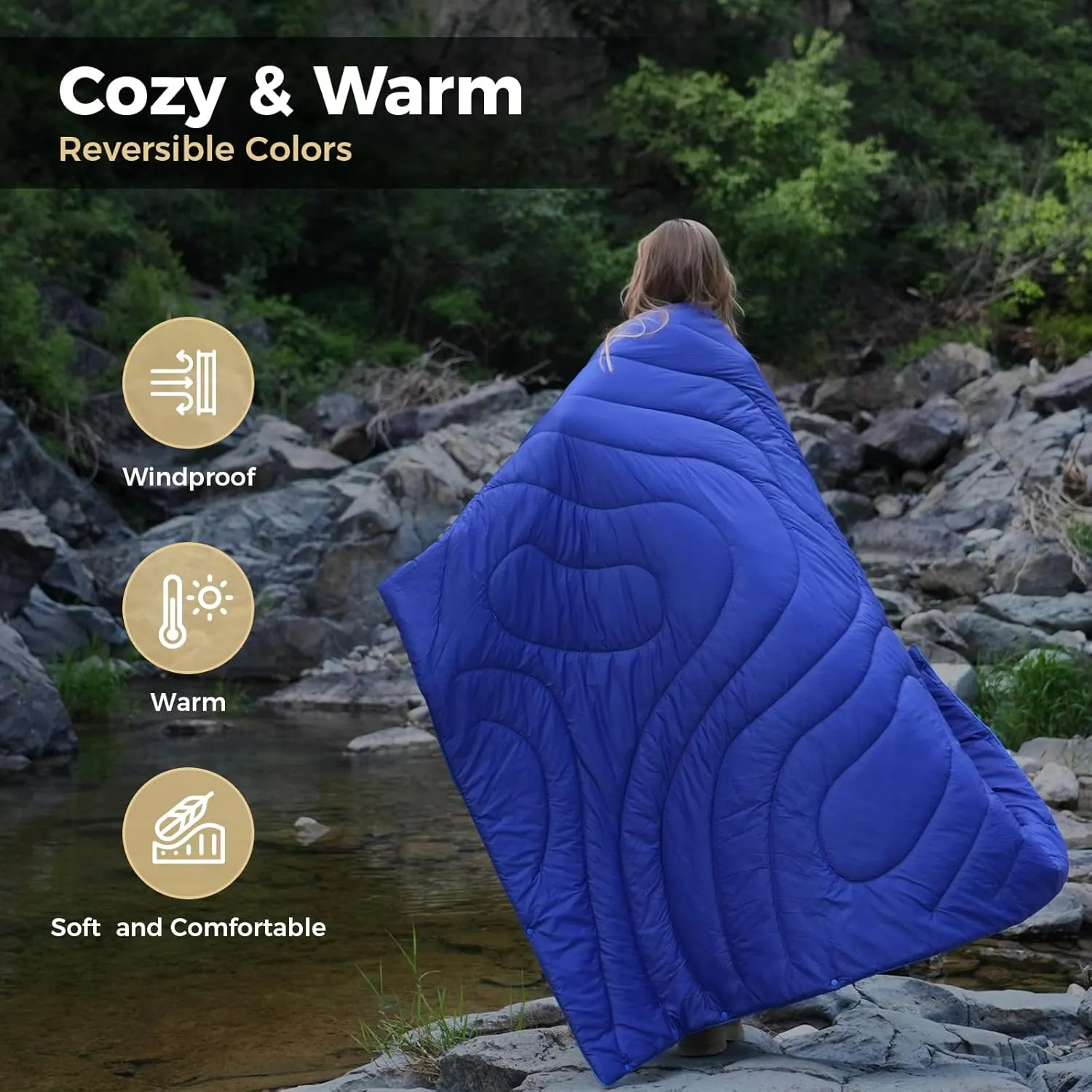 KingCamp Ultralight Camping Blanket, Packable Down Alternative Puffy Wearable Blankets Weatherproof Warm Package Quilt with Snap Buttons & Corner Loops for Outdoor Travel Stadium (69"L x 53"W, NAVY)