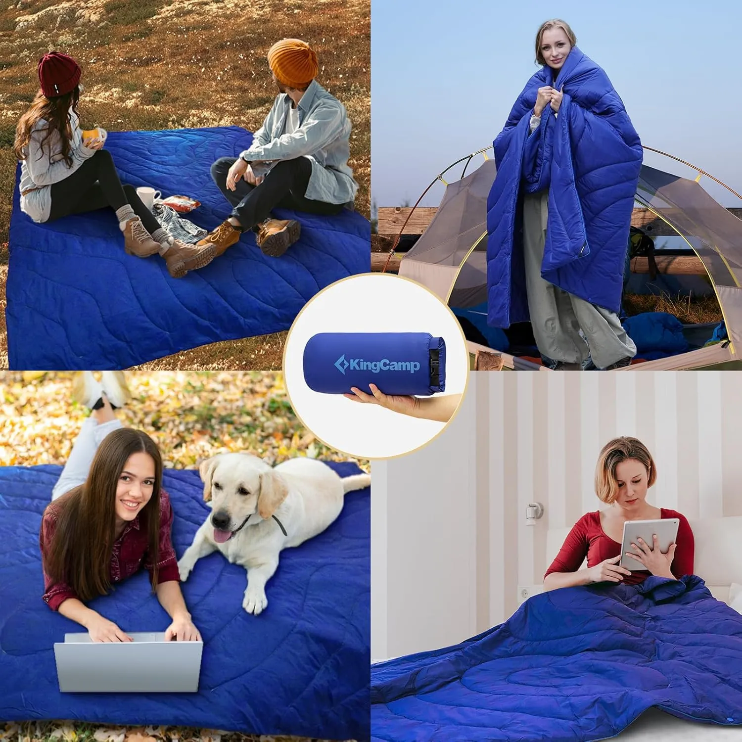 KingCamp Ultralight Camping Blanket, Packable Down Alternative Puffy Wearable Blankets Weatherproof Warm Package Quilt with Snap Buttons & Corner Loops for Outdoor Travel Stadium (69"L x 53"W, NAVY)