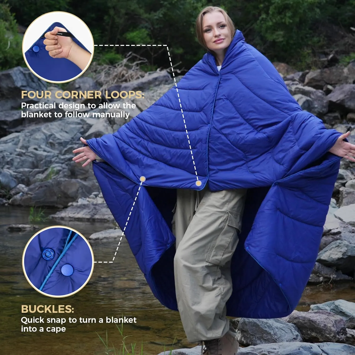 KingCamp Ultralight Camping Blanket, Packable Down Alternative Puffy Wearable Blankets Weatherproof Warm Package Quilt with Snap Buttons & Corner Loops for Outdoor Travel Stadium (69"L x 53"W, NAVY)