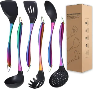 Kitchen Utensils Set, Large Non-stick Silicone Cooking Utensils Set 6 Pcs,Made of 446F Heat Resistant Food Grade Silicone and Stainless Steel Handles,Easy to Clean Kitchen Gadgets Set (Rainbow)