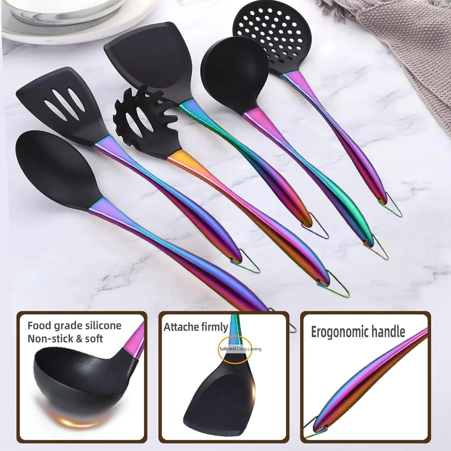 Kitchen Utensils Set, Large Non-stick Silicone Cooking Utensils Set 6 Pcs,Made of 446F Heat Resistant Food Grade Silicone and Stainless Steel Handles,Easy to Clean Kitchen Gadgets Set (Rainbow)