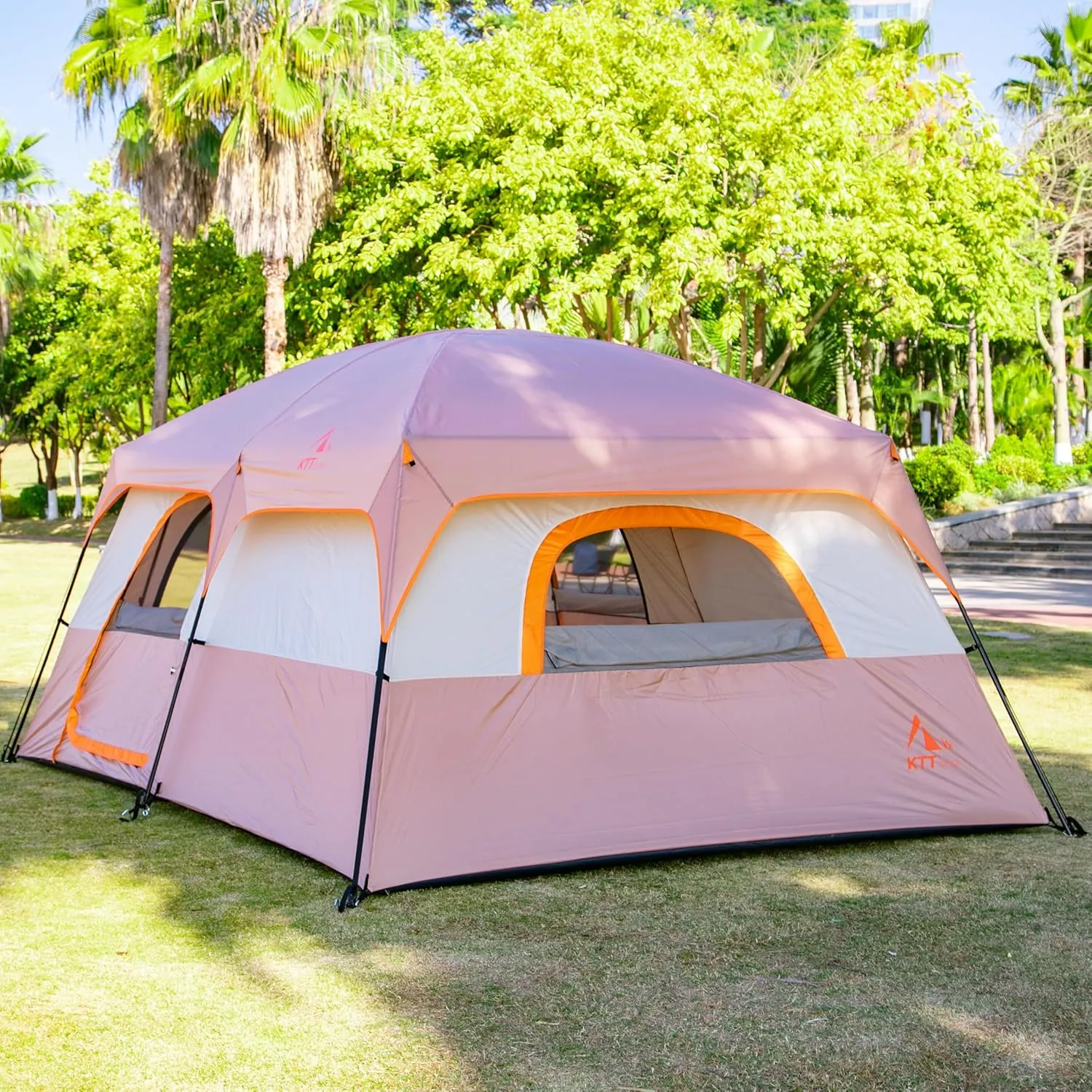KTT Extra Large Tent 10-12-14 Person(Style-B),Family Cabin Tents,2 Rooms,3 Doors and 3 Windows with Mesh,Straight Wall,Waterproof,Double Layer,Big Tent for Outdoor,Picnic,Camping,Family Gathering