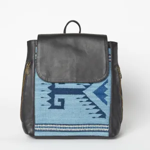 Leather Backpack from Mexico with hand-Dyed Wool - Black, Light Blue