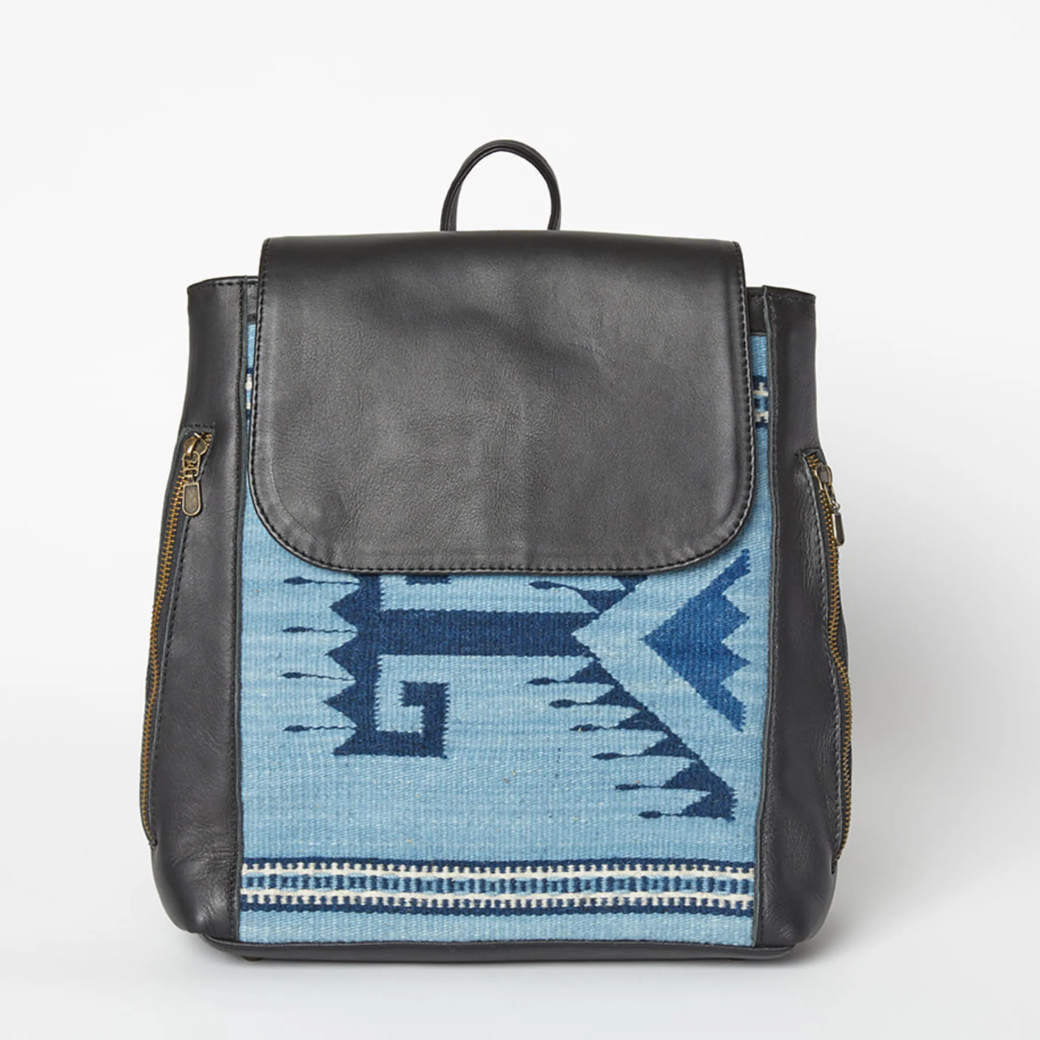 Leather Backpack from Mexico with hand-Dyed Wool - Black, Light Blue