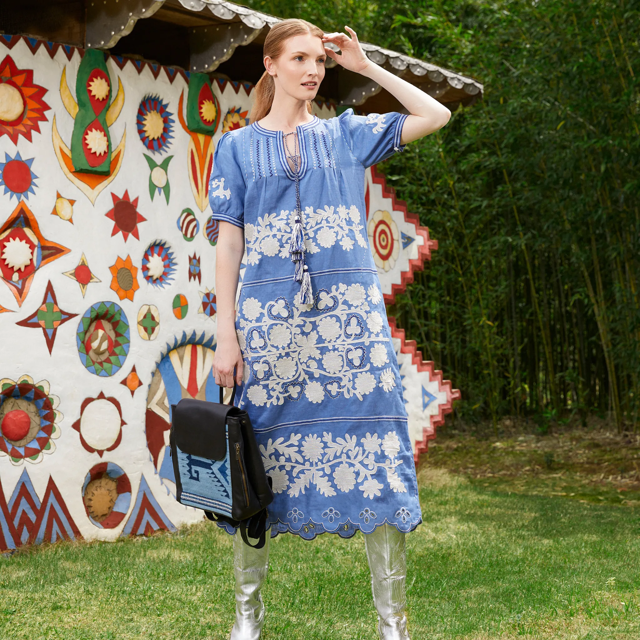 Leather Backpack from Mexico with hand-Dyed Wool - Black, Light Blue