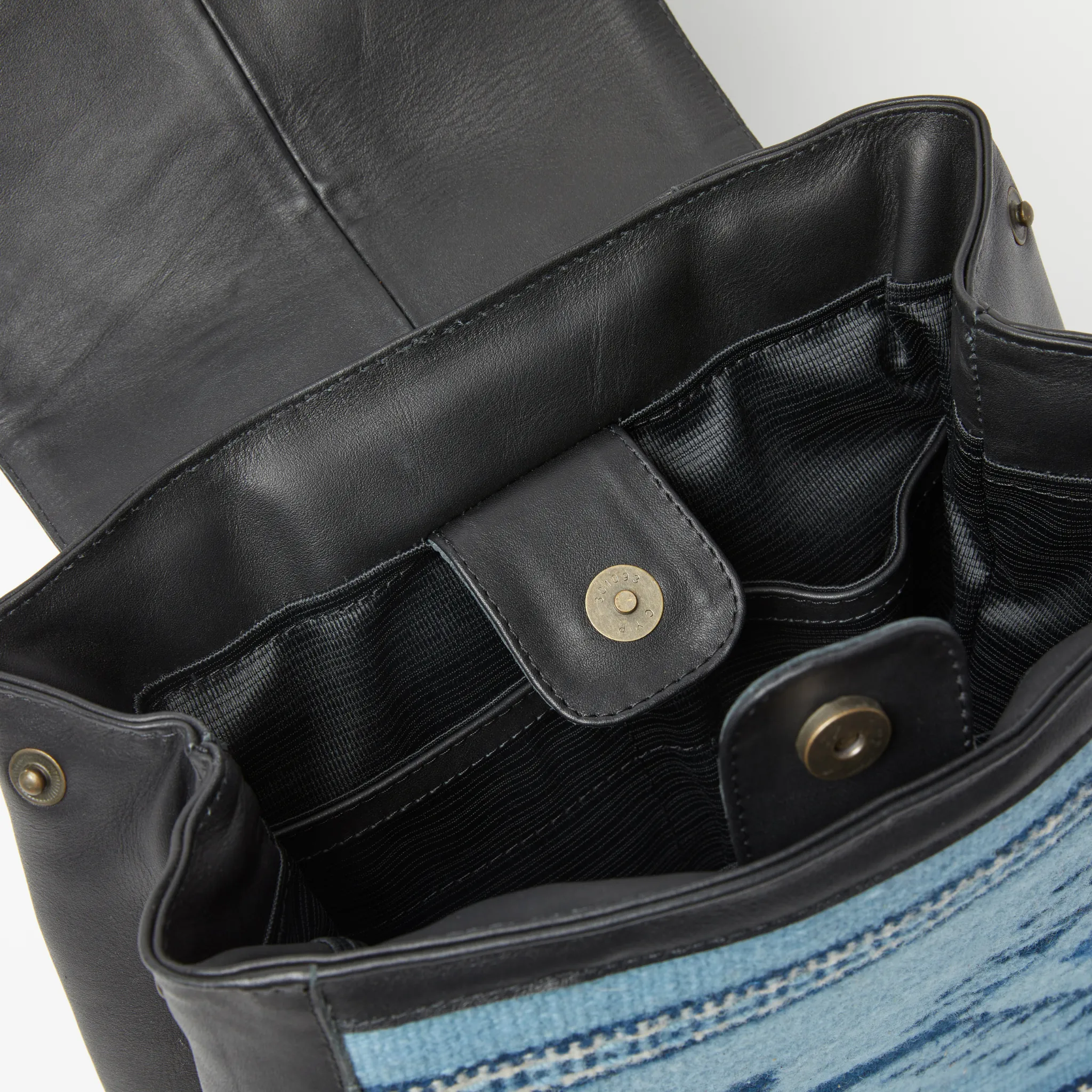 Leather Backpack from Mexico with hand-Dyed Wool - Black, Light Blue