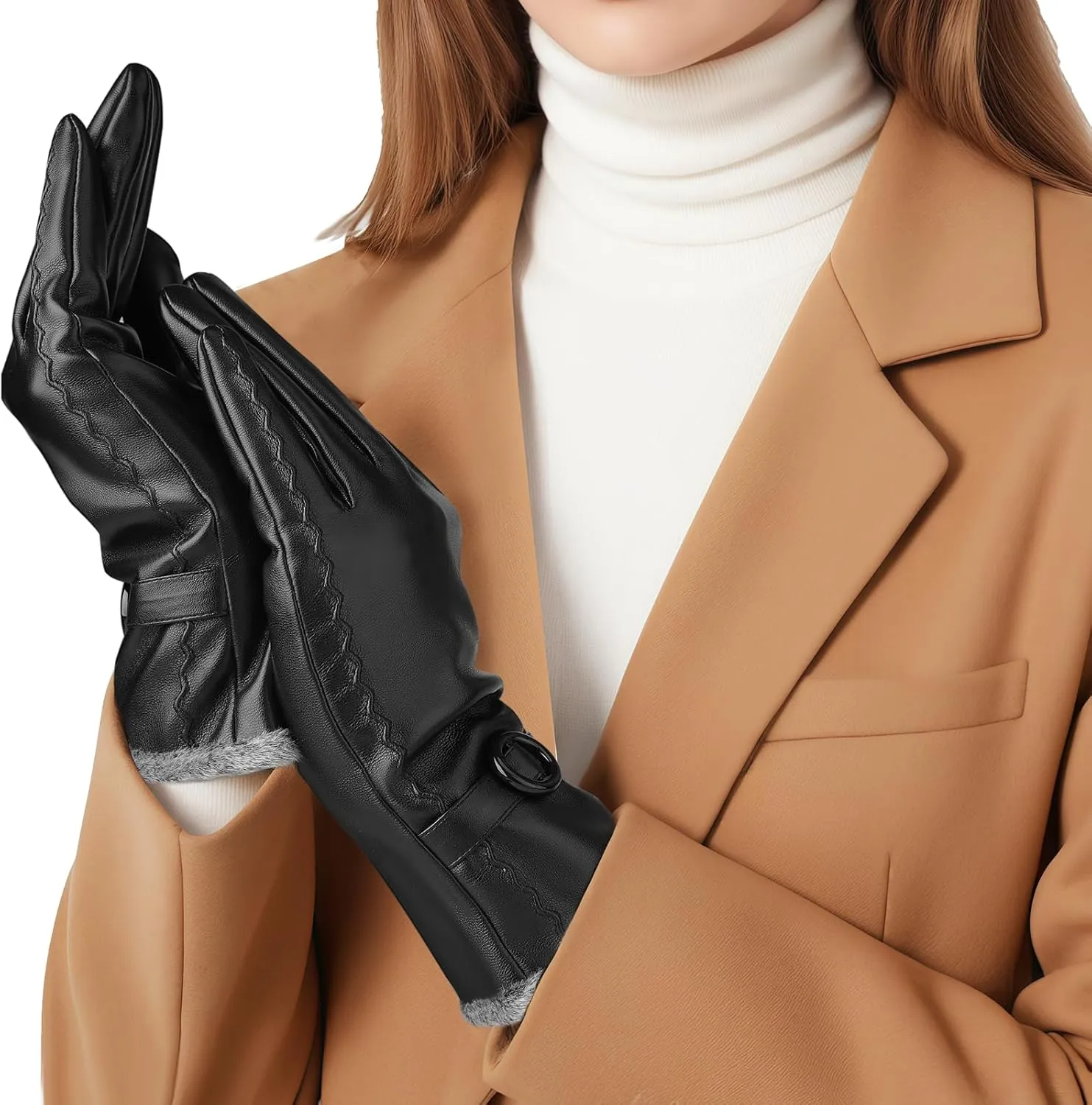 Leather Gloves for Women, Touchscreen Texting Driving Winter Gloves, Warm Fleece Lined Womens Glove Cold Weather