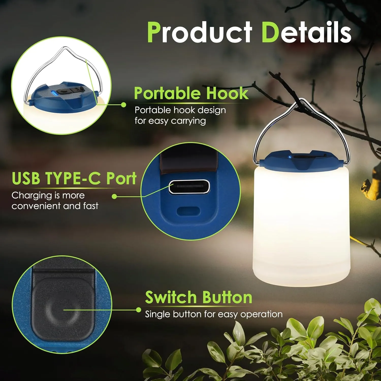 LED Camping Lantern, Rechargeable Camping Light, 4 Modes Outdoor Flashlights Lanterns with 1000LM, Water Resistant Portable Emergency Camp Light for Hurricane Hiking Survival Kits - Blue