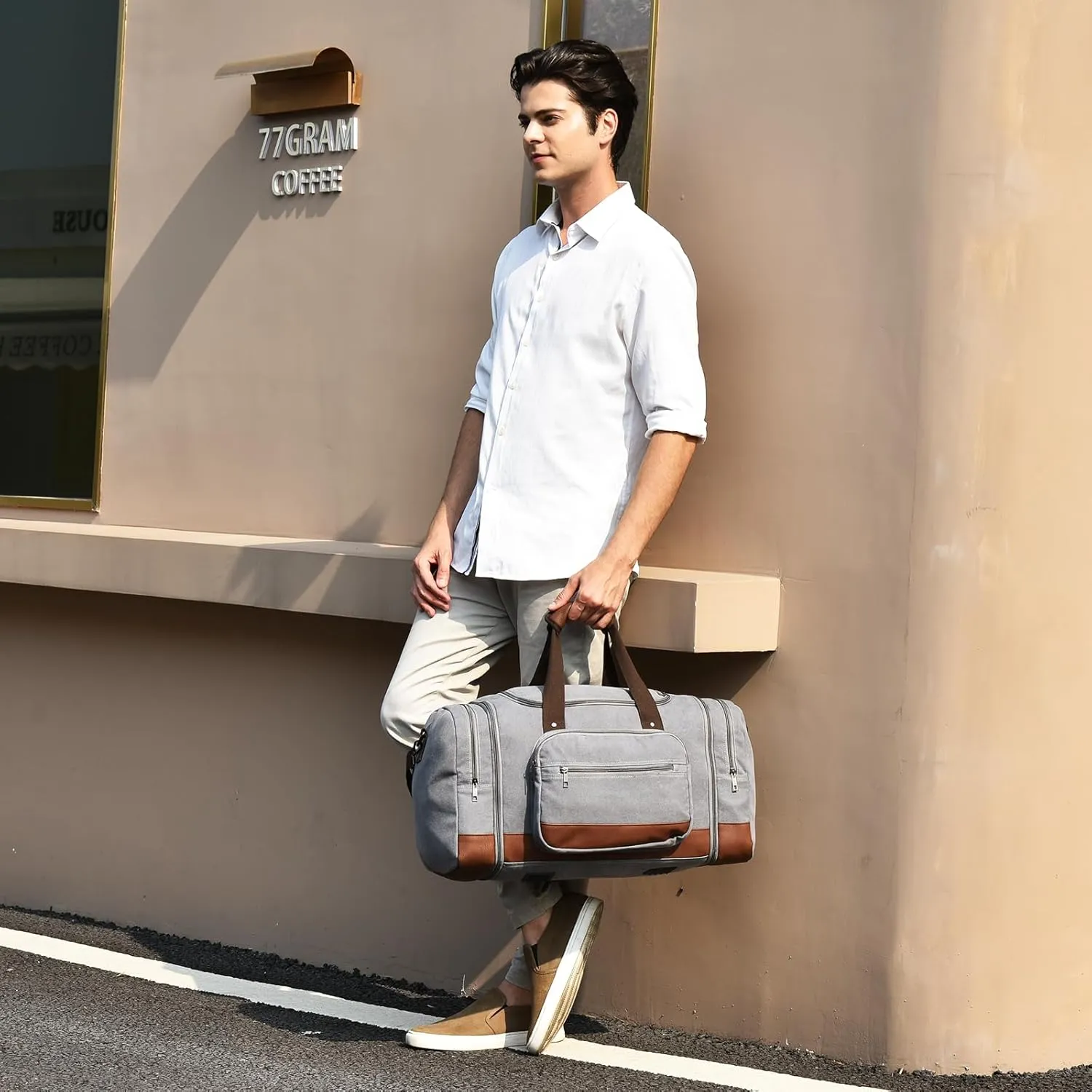 Litvyak Duffle Bag for Travel, 50L Canvas Travel Duffel Bags Overnight Weekend Gym Carry on Luggage Bag for Men & Women(Grey)