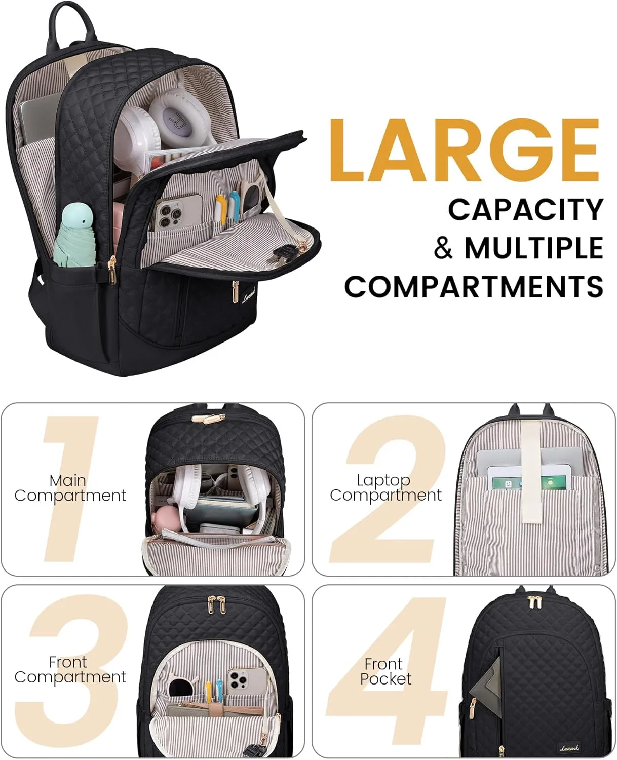 LOVEVOOK Laptop Backpack for Women, 15.6 Inch Anti Theft Computer Bag, Large Capacity Travel Backpacks, Work College Commute Backpack, Lightweight Quilted Bags Purse for Women Nurse Teacher, Black