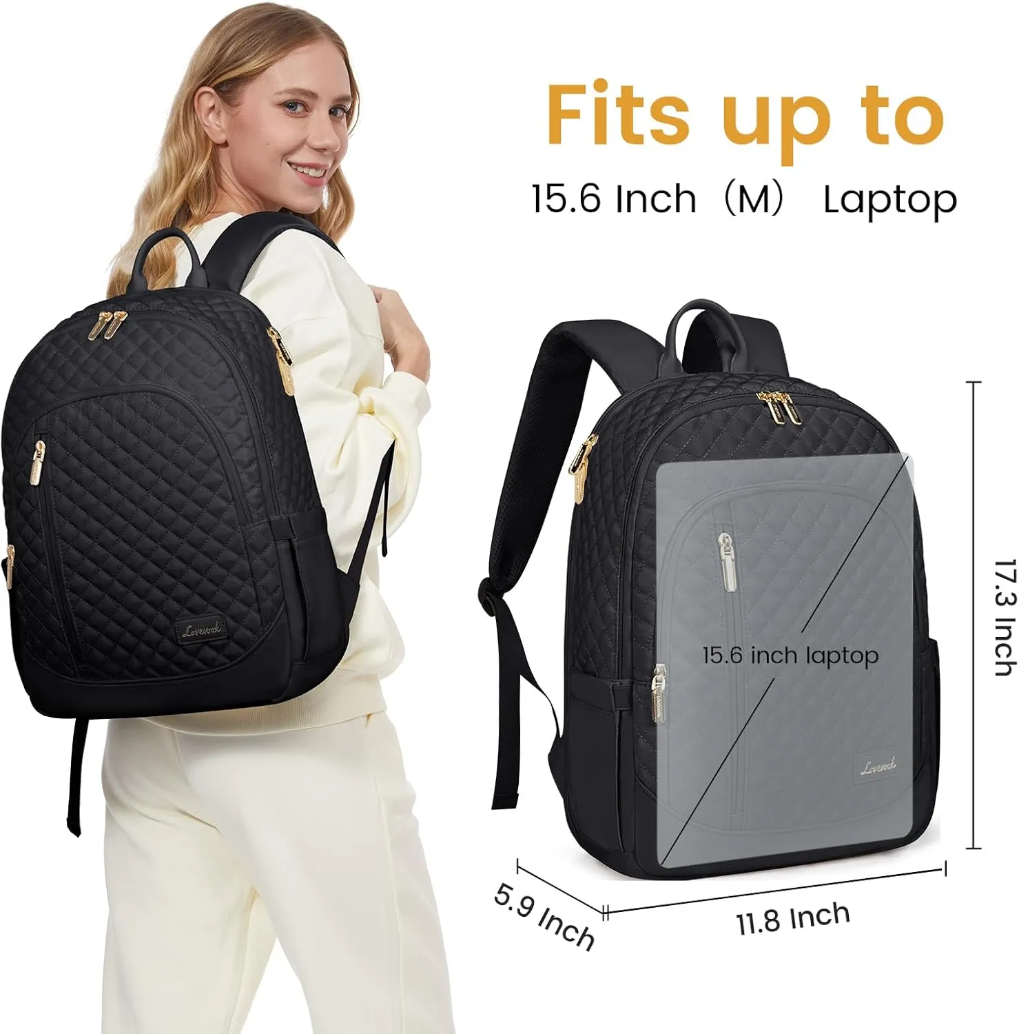 LOVEVOOK Laptop Backpack for Women, 15.6 Inch Anti Theft Computer Bag, Large Capacity Travel Backpacks, Work College Commute Backpack, Lightweight Quilted Bags Purse for Women Nurse Teacher, Black