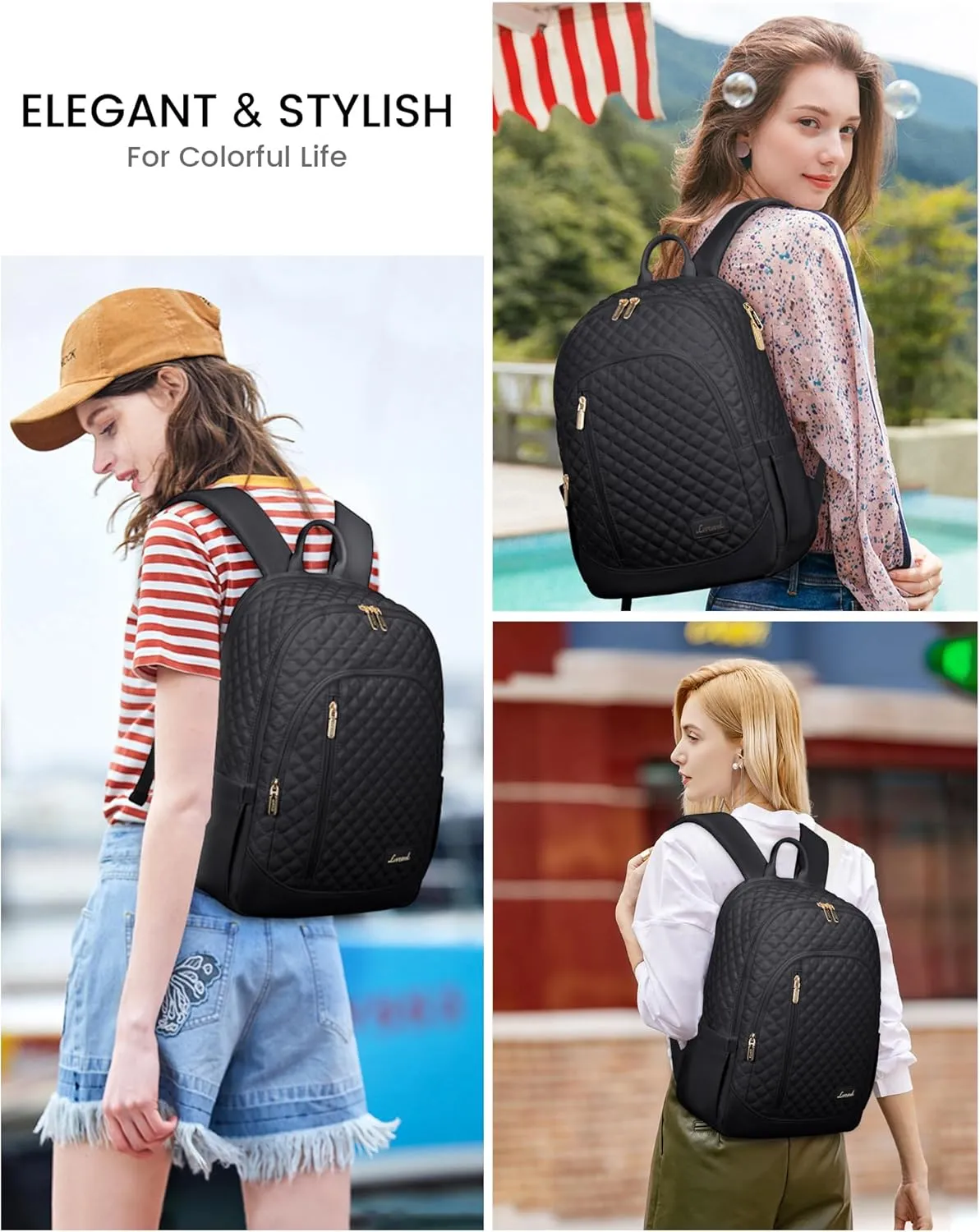 LOVEVOOK Laptop Backpack for Women, 15.6 Inch Anti Theft Computer Bag, Large Capacity Travel Backpacks, Work College Commute Backpack, Lightweight Quilted Bags Purse for Women Nurse Teacher, Black