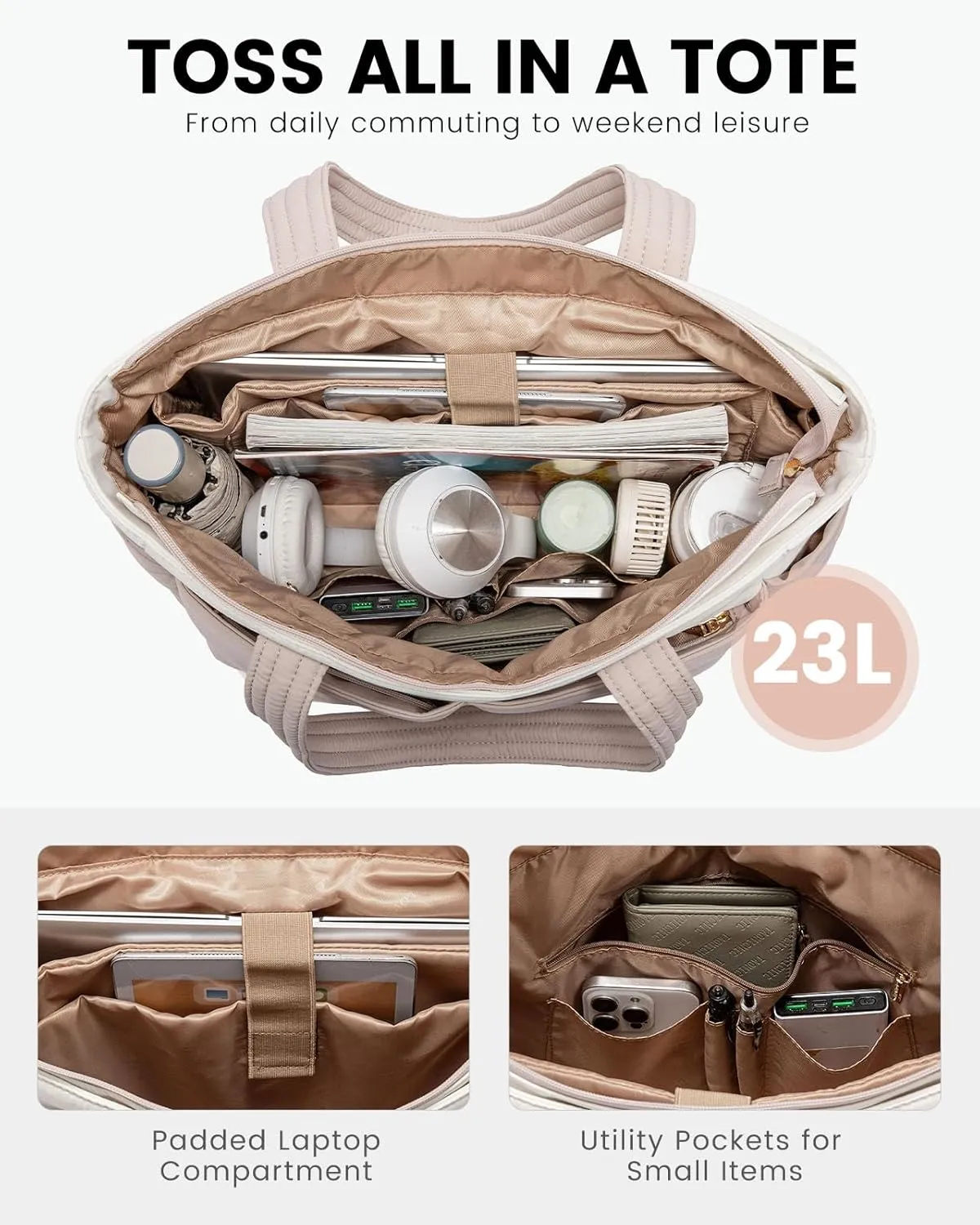 LOVEVOOK Tote Bag for Women, Large Puffer Tote Bag with Zipper, Light Work Bag, Travel Laptop Bag for Women