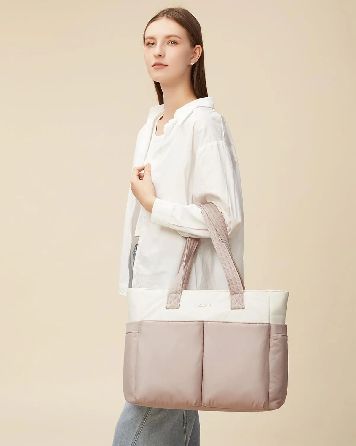 LOVEVOOK Tote Bag for Women, Large Puffer Tote Bag with Zipper, Light Work Bag, Travel Laptop Bag for Women