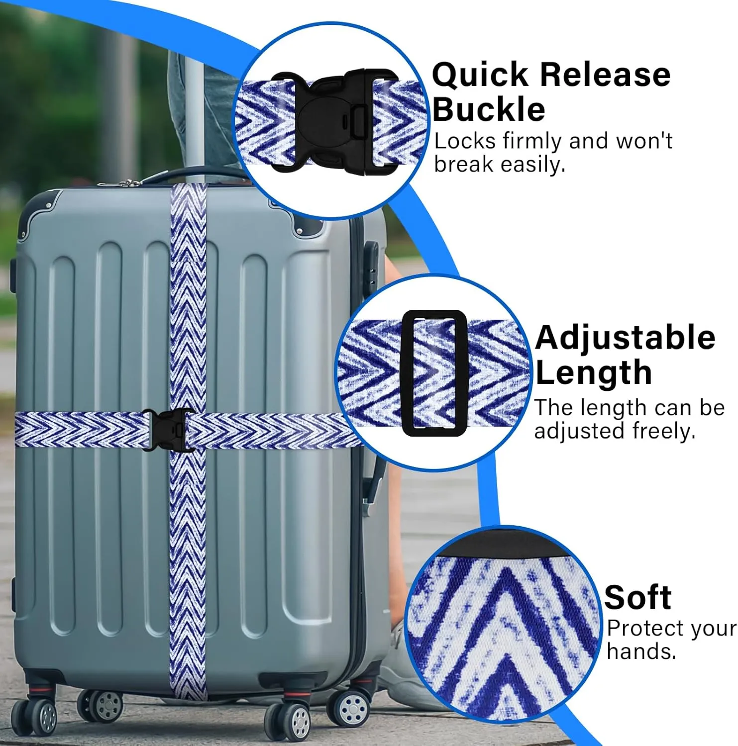 Luggage Straps Suitcase Belts Wide Adjustable Packing Straps, Bright Color Adjustable Luggage Belts, 2 Packs, Blue Curve