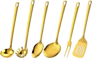 Marco Almond Utensil Set, Golden Titanium Utensils Sets, Stainless Steel Kitchen Cooking Spoons, Ladle Skimmer & Spatula Utensil Sets,6PCS Frying & Grilling Cookware Tools