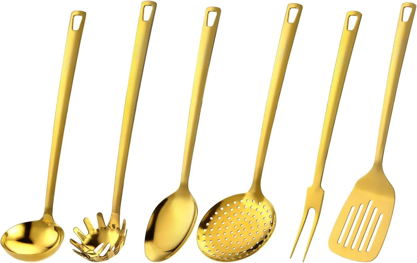 Marco Almond Utensil Set, Golden Titanium Utensils Sets, Stainless Steel Kitchen Cooking Spoons, Ladle Skimmer & Spatula Utensil Sets,6PCS Frying & Grilling Cookware Tools